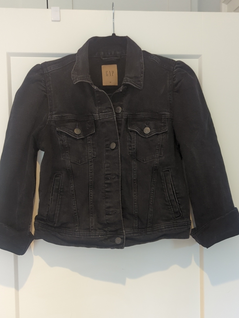 GAP Black Women's Crop Denim Jacket with Puff Sleeve M